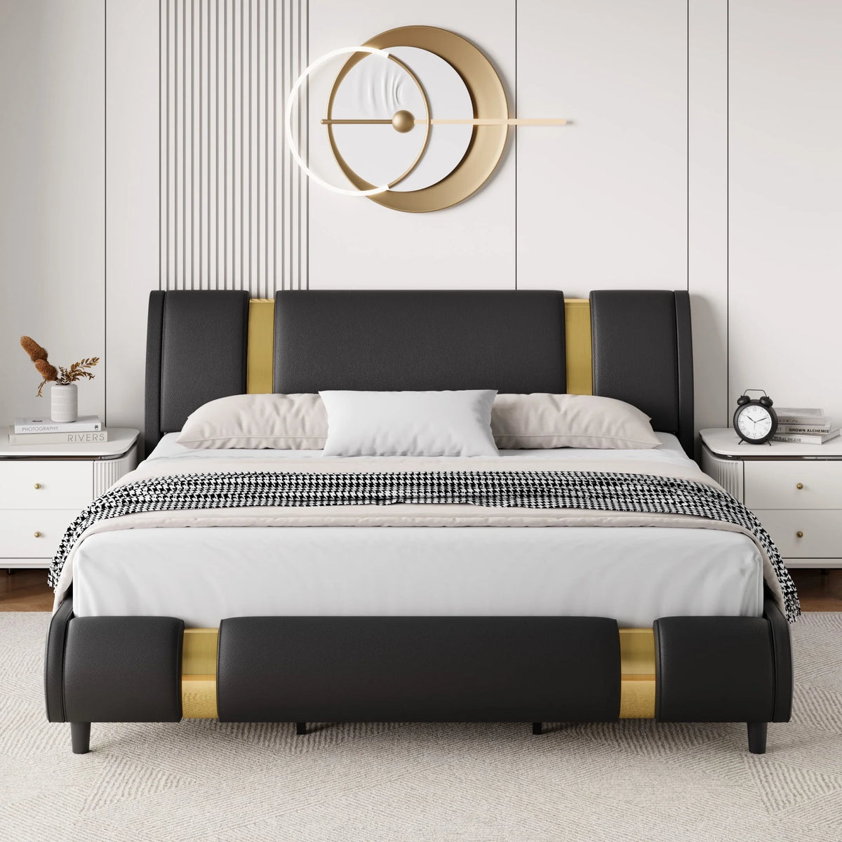 Full Size Leather Upholstered Platform Bed Frame with White Headboard S5649