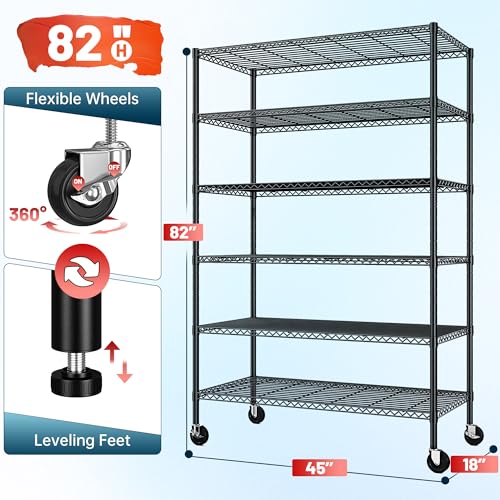 82" H X45 W X18 D 6 Tier Adjustable Metal Shelving with Wheels, Black R466