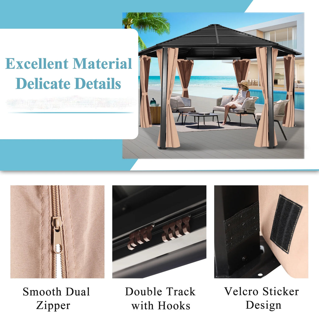Hexagonal Hardtop Gazebo with Curtains & Mesh Screen C255421