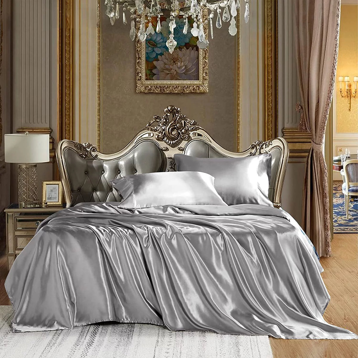 Microfiber Satin Gray 4 Piece Full Size Bed Sheets E899