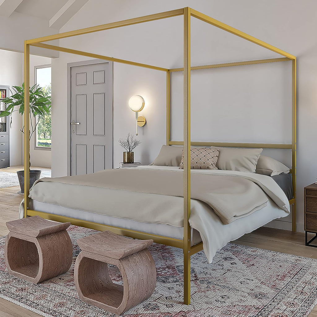 Queen Size Gold Metal Canopy Platform Bed Frame with Wooden Slats A722
