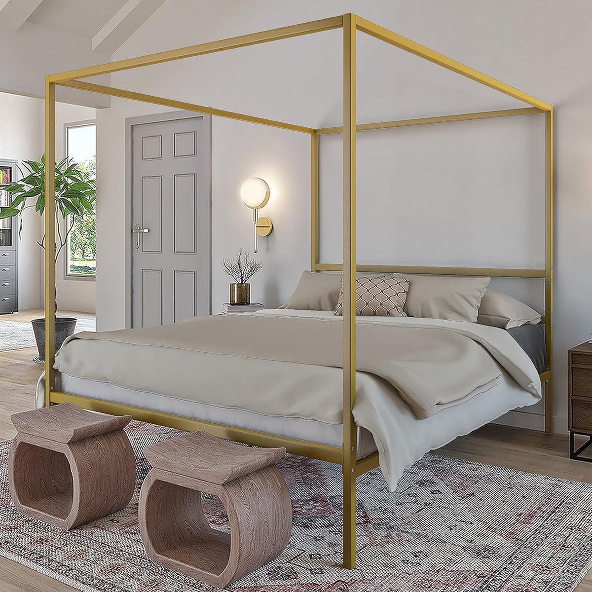 Queen Size Gold Metal Canopy Platform Bed Frame with Wooden Slats A722