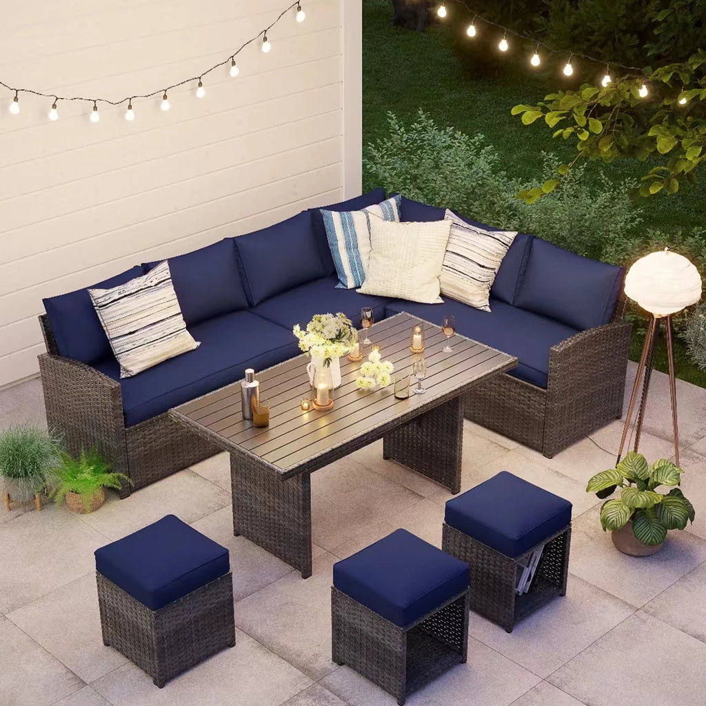 7 Piece Patio Furniture Set with Dining Table and Ottomans L6087