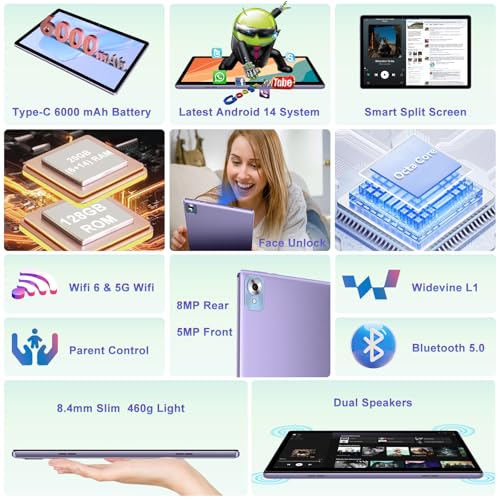Android 14 Tablet with Keyboard 20GB+128GB 10.1 Inch Octa-Core 2-in-1 HD IPS Display Black W804