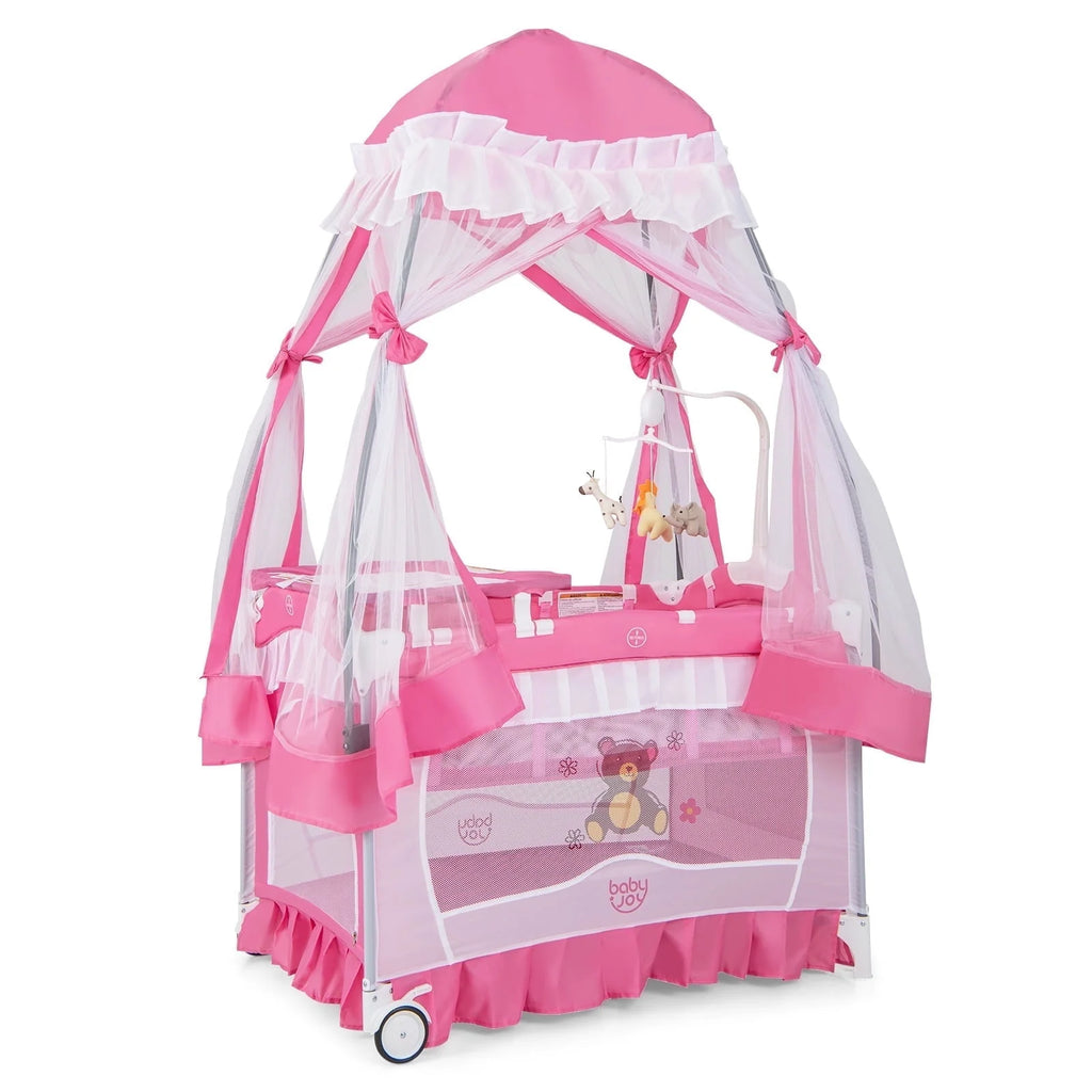 Portable 4 in 1 Baby Playard Crib with Changing Table Pink F5499