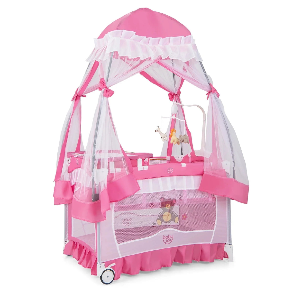 Portable 4 in 1 Baby Playard Crib with Changing Table Pink F5499