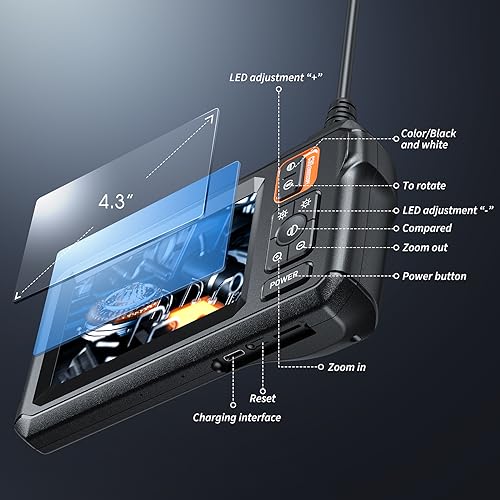 Endoscope Camera with 4.3" IPS Screen, 1920P HD, 16.4FT Semi-Rigid Cord, IP67 Waterproof (Orange) P346
