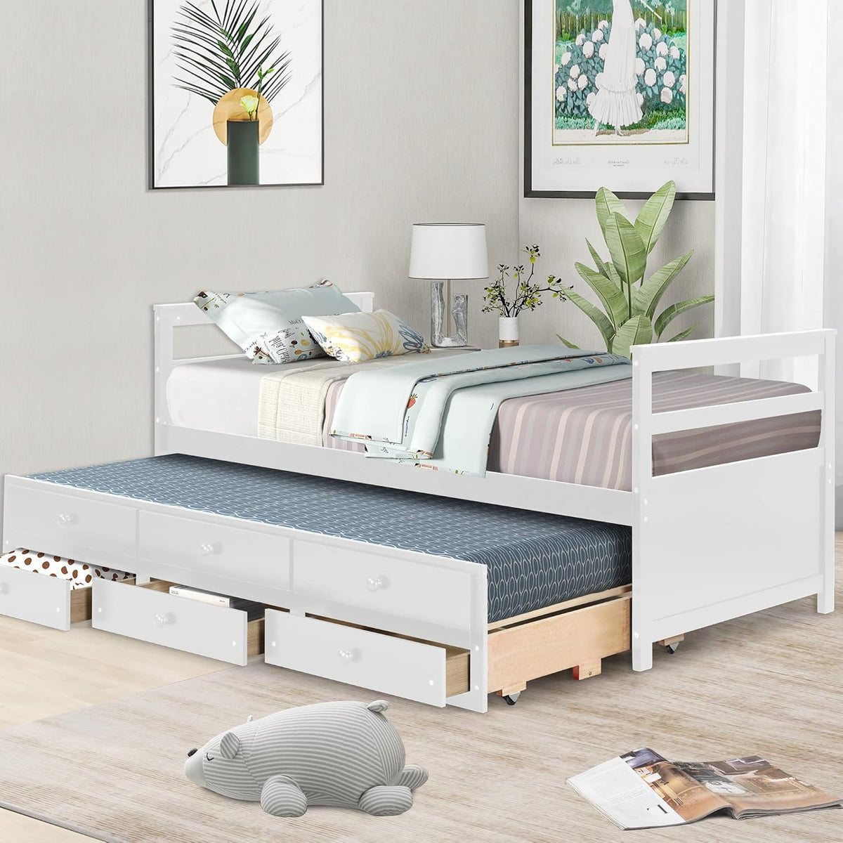 White Twin Captain Bed with Trundle and 3 Storage Drawers R236