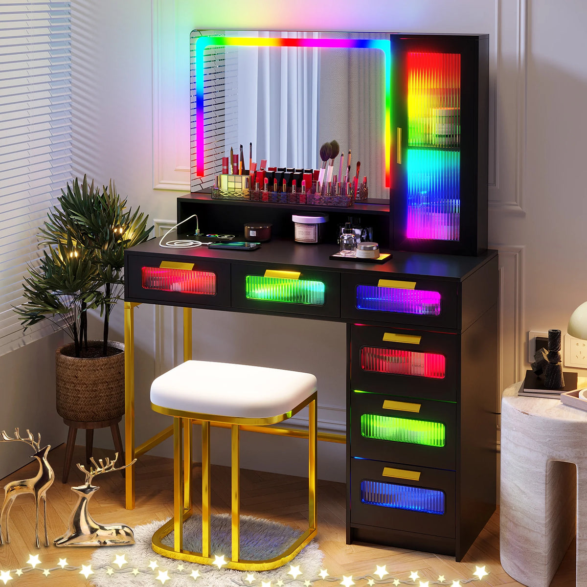 Black Vanity Set with 6 Drawers and Stool H99061