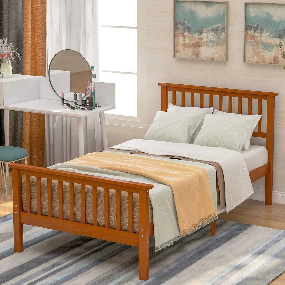 Pine Wood Low Profile Platform Bed, Twin, Oak M66444