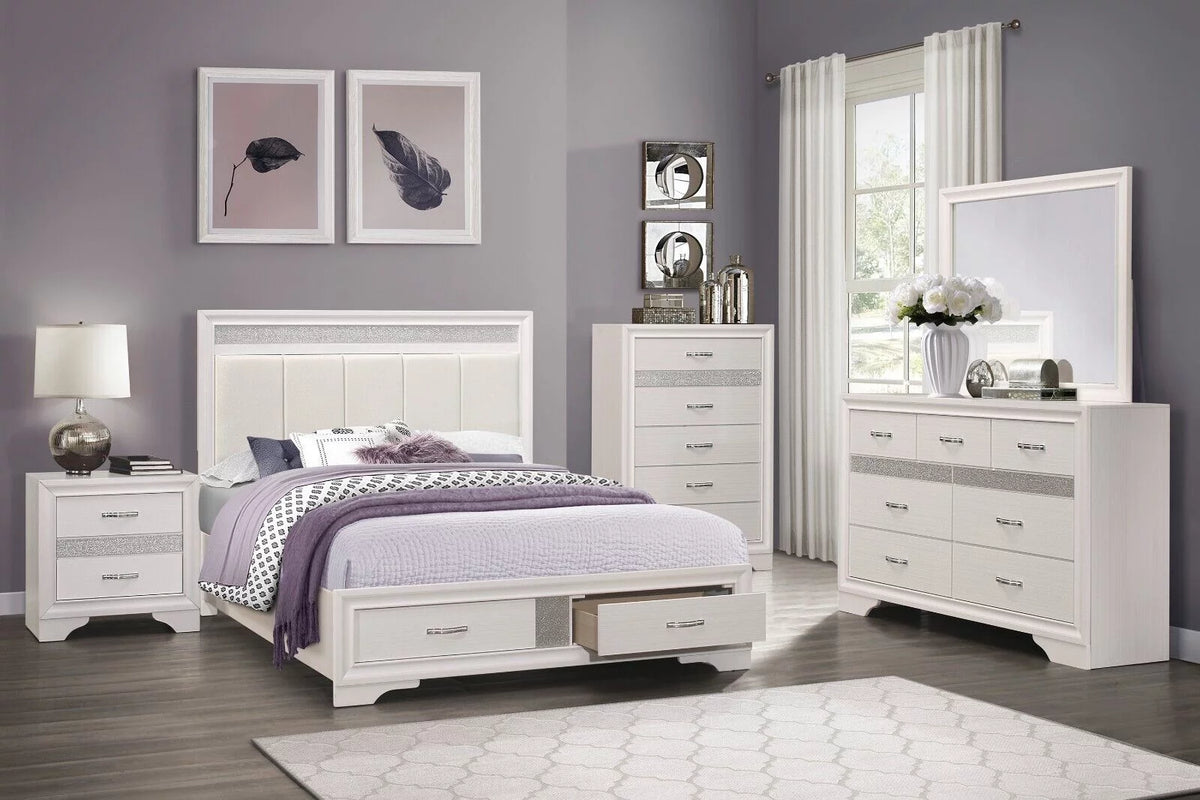 White 4pc King Bedroom Set Platform Bed Dresser Nightstand Mirror N115