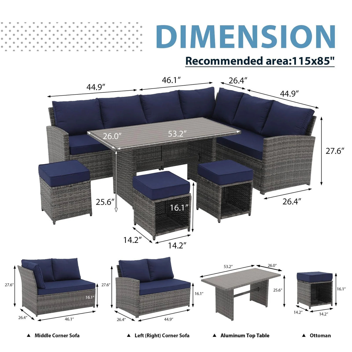 7 Piece Patio Furniture Set with Dining Table and Ottomans L6087