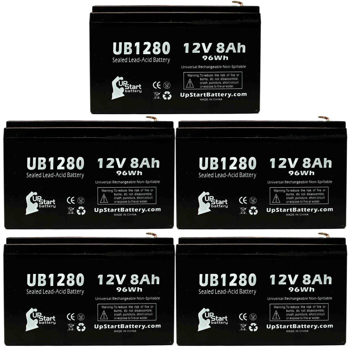 5x Pack Replacement Sealed Lead Acid Battery (12V, 8Ah, 8000mAh, F1 Terminal, AGM, SLA) with 10 F1 to F2 Terminal Adapters B2813