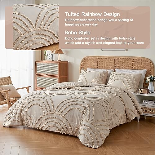 Twin XL Beige Tufted Rainbow Microfiber Comforter Set with 1 Pillowcase T50304