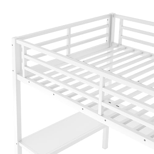 Full Size White Metal Loft Bed with Desk and Storage Stairs H660706