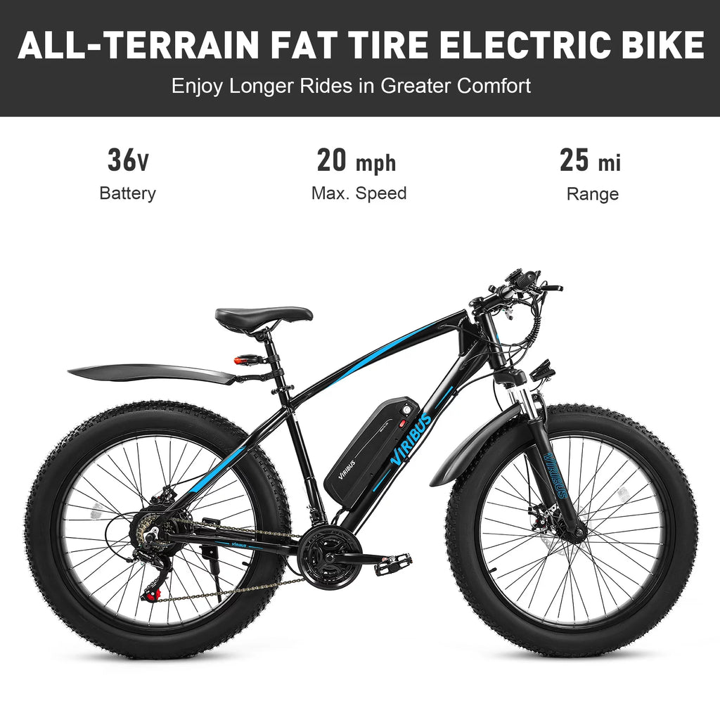 Electric Mountain Bike 26" 500W Fat Tire Blue A1295