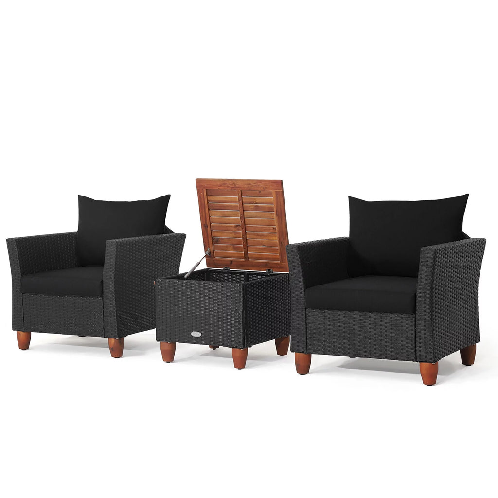 3 Pcs Patio Rattan Conversation Furniture Set with Black Cushions S80594