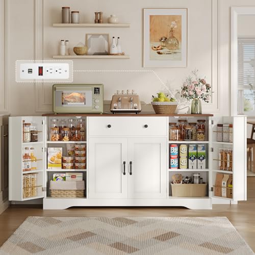 White Buffet Cabinet with Charging Station and Adjustable Shelves M480