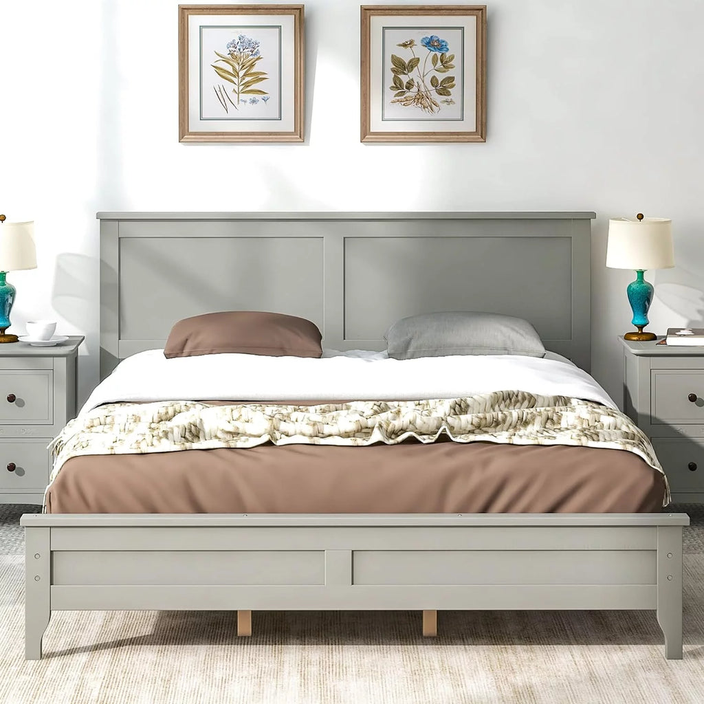 Queen Size Gray Wood Platform Bed Frame with Headboard G97164