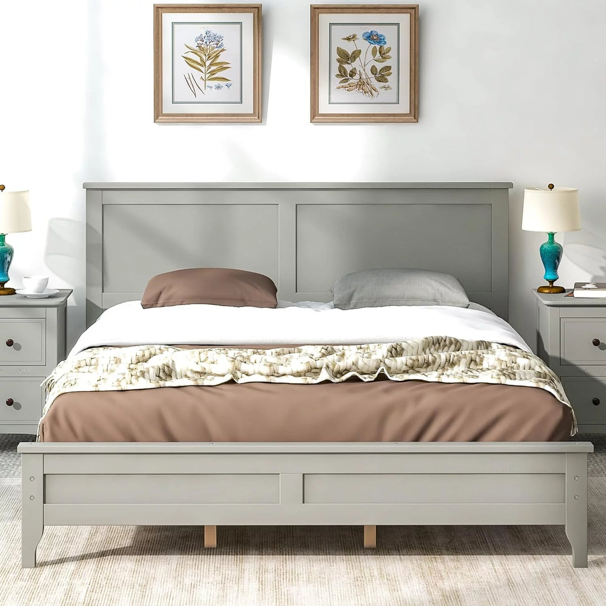 Queen Size Gray Wood Platform Bed Frame with Headboard G97164