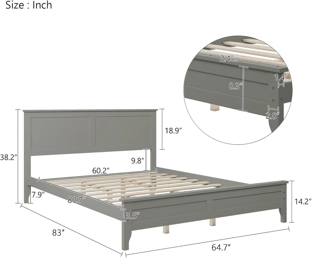 Queen Size Gray Wood Platform Bed Frame with Headboard G97164
