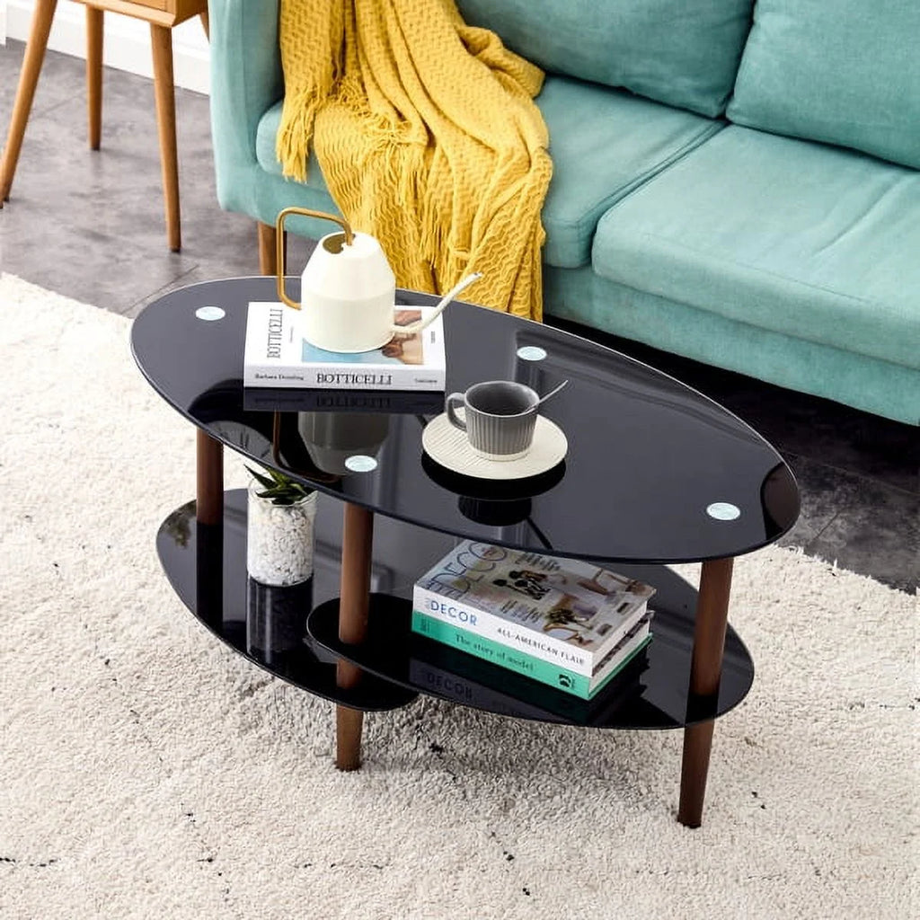 Black Oval Glass Coffee Table with Oak Wood Legs D660