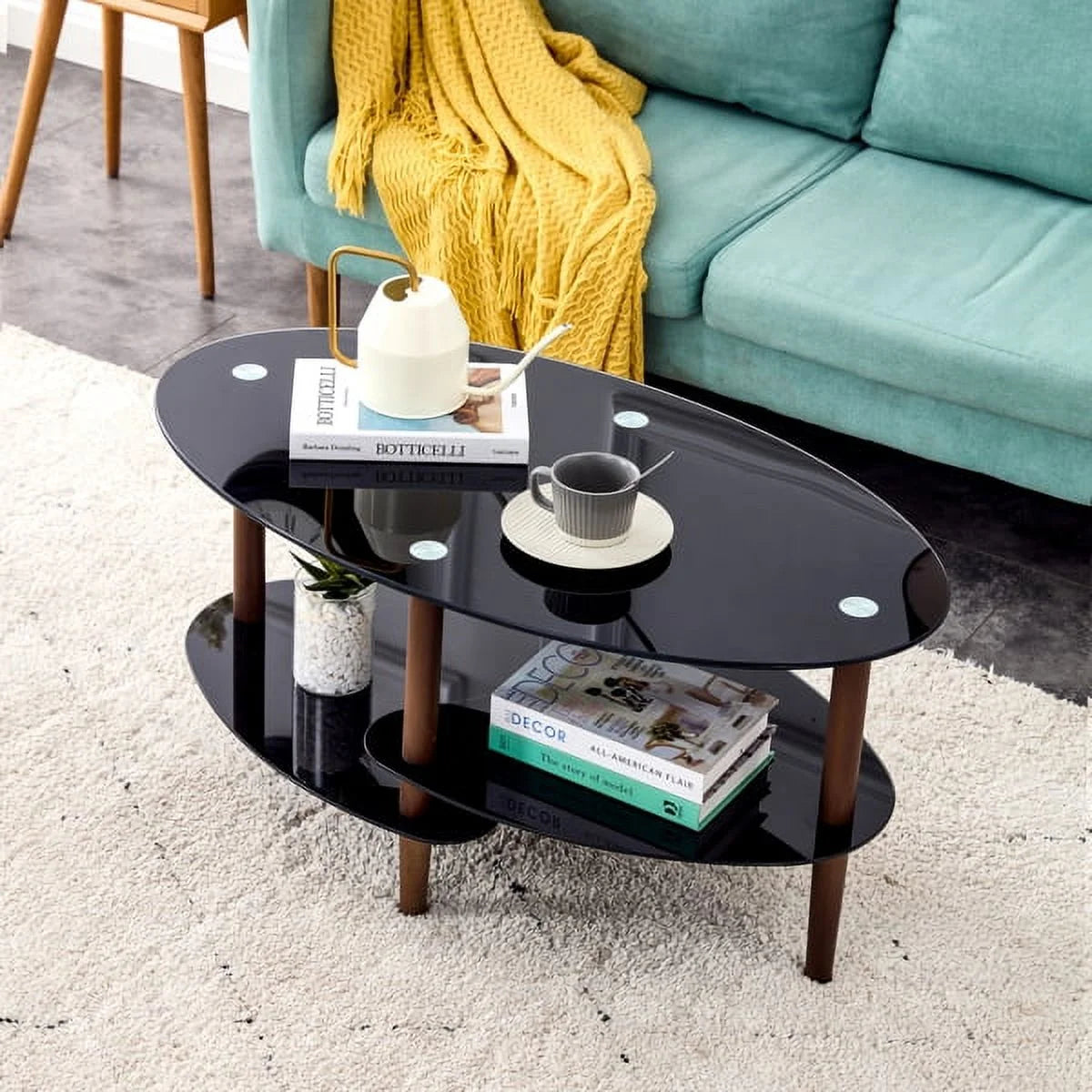 Black Oval Glass Coffee Table with Oak Wood Legs D660