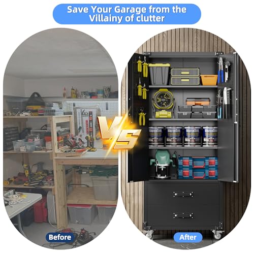 Black Metal Garage Storage Cabinet with Pegboard R363