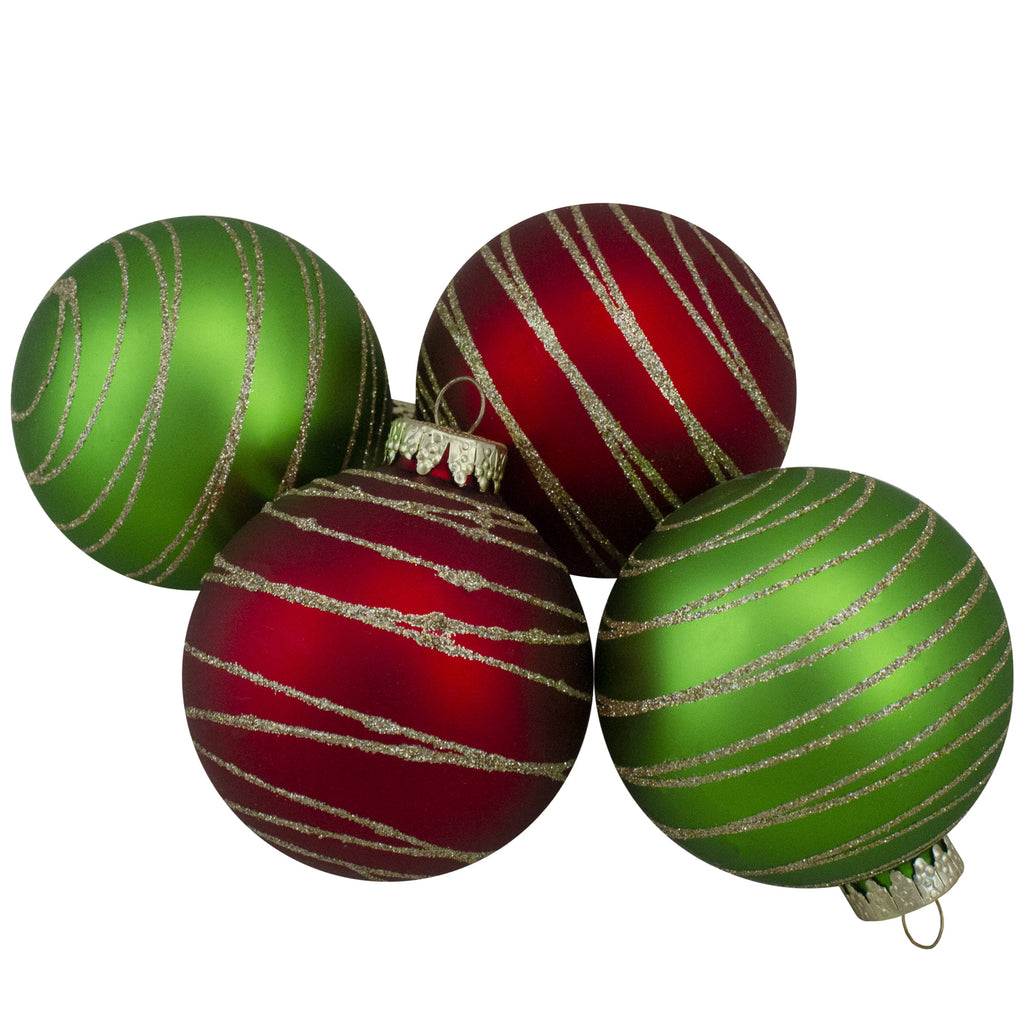 4ct Glass Red Green Matte Christmas Ball Ornaments 3.25-Inch E2229