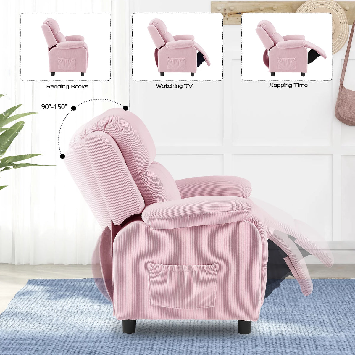 Pink Adjustable Kids Recliner Chair with Footrest A2772