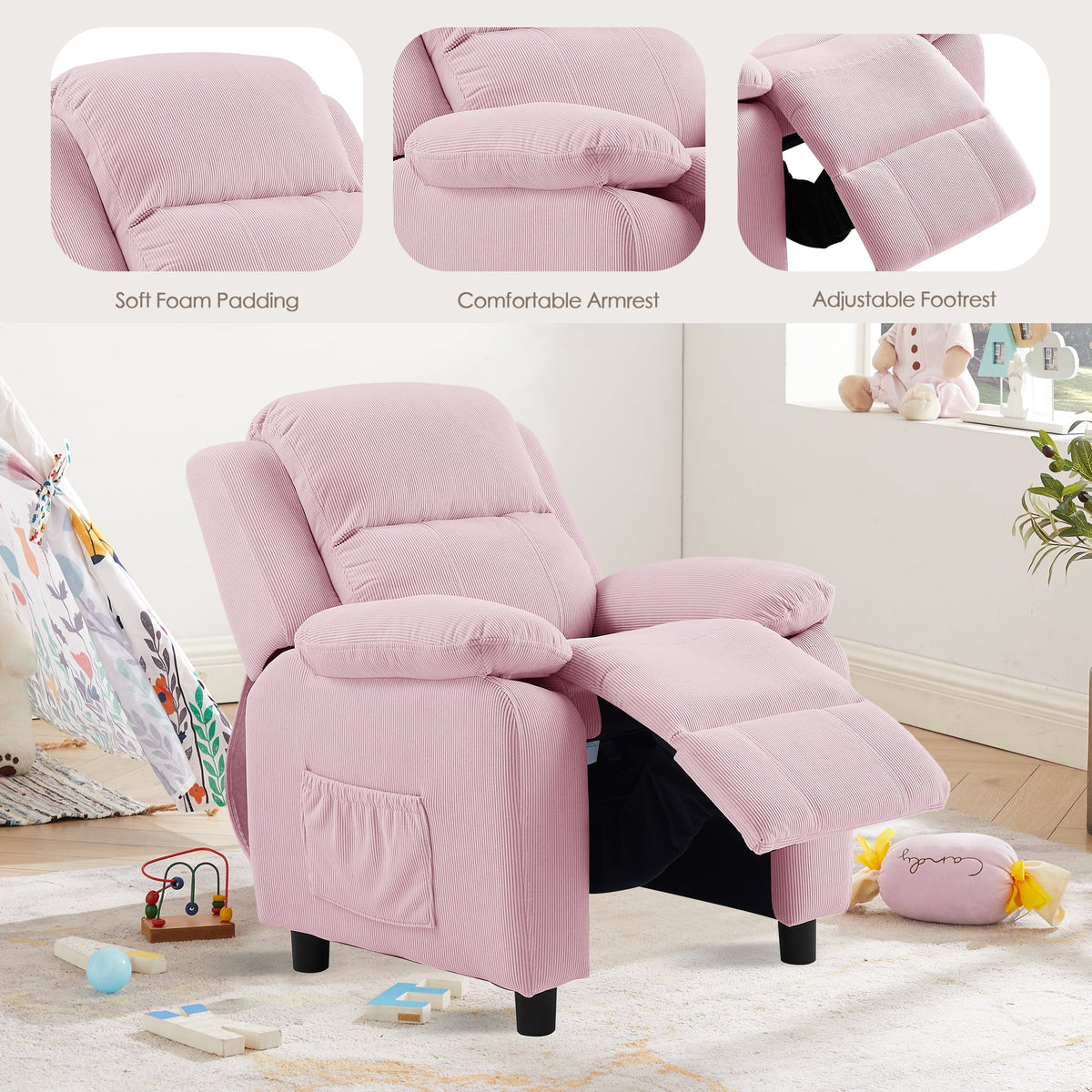 Pink Adjustable Kids Recliner Chair with Footrest A2772