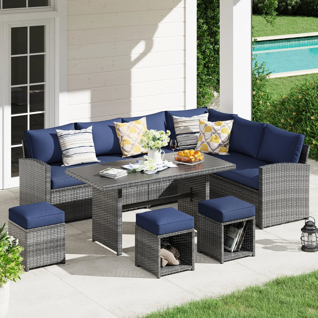 7 Piece Patio Furniture Set with Dining Table and Ottomans L6087