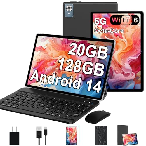 Android 14 Tablet with Keyboard 20GB+128GB 10.1 Inch Octa-Core 2-in-1 HD IPS Display Black W804