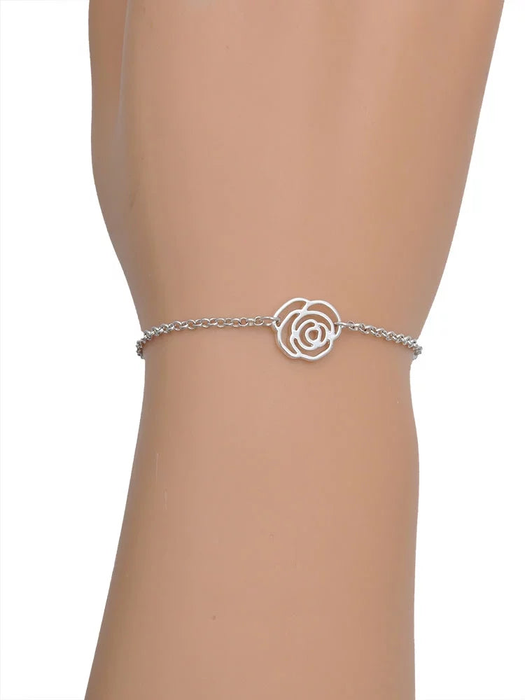 Silvertone Rose Link Chain Bracelet L603763