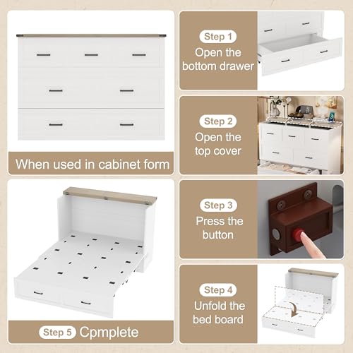Queen Size White Foldable Murphy Bed with Charging Station T698