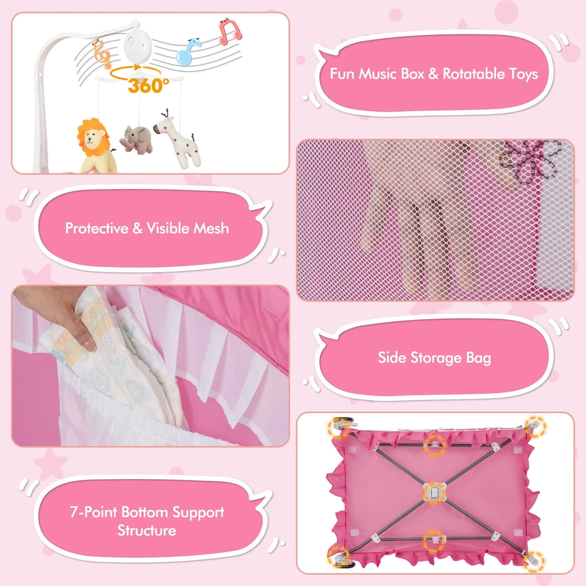 Portable 4 in 1 Baby Playard Crib with Changing Table Pink F5499