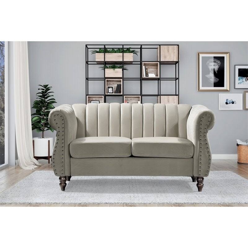 Beige Velvet Rolled Arms Loveseat Q955112
