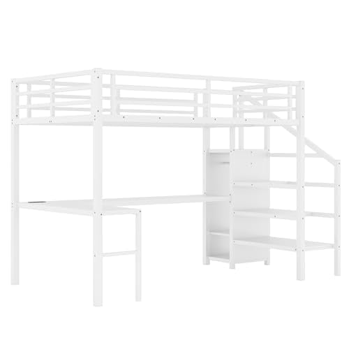 Full Size White Metal Loft Bed with Desk and Storage Stairs H660706