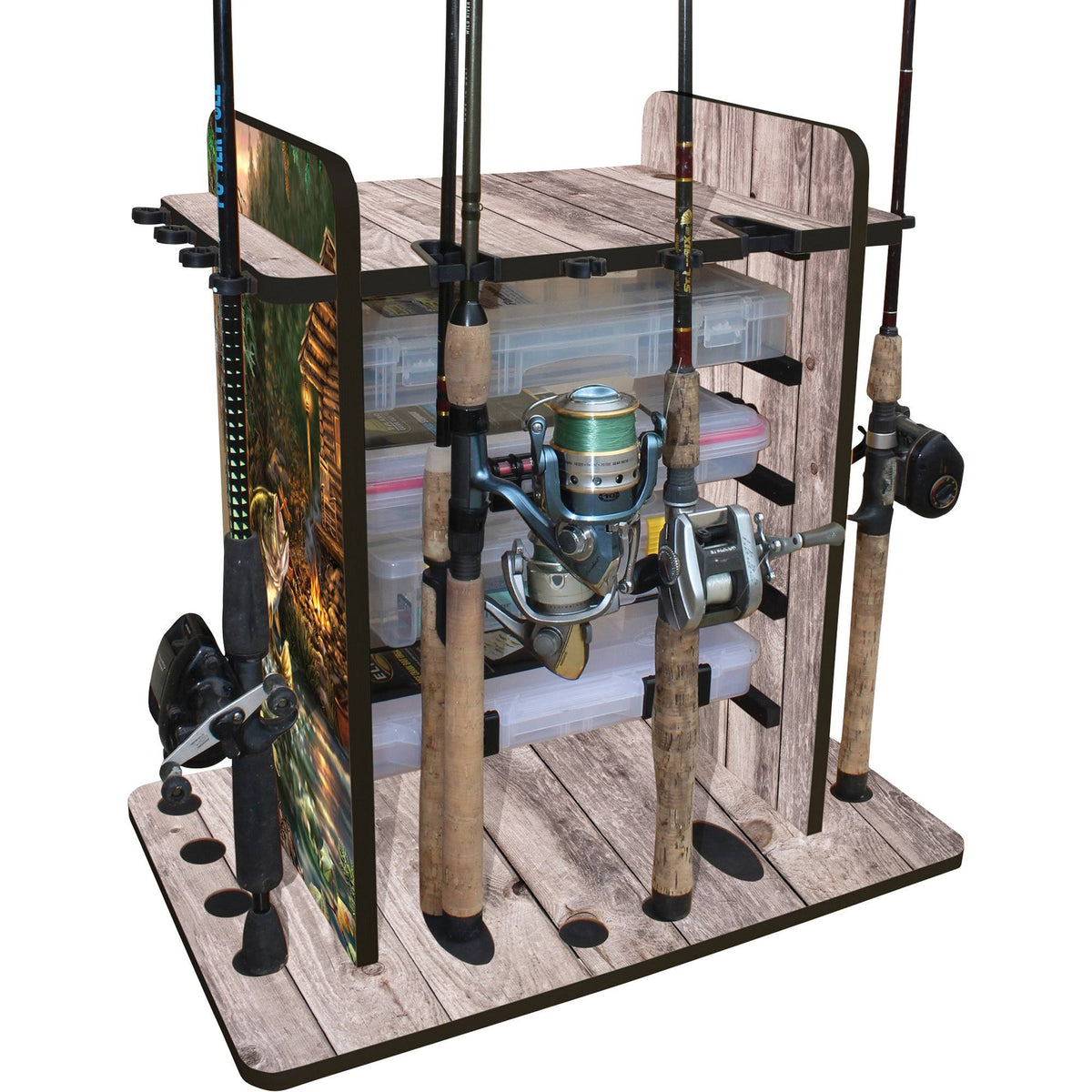 Fishing Rod Rack with 4 Bait Bin Storage C99779