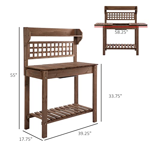 Brown Wooden Potting Bench Table with Sliding Tabletop and Storage Shelf R393