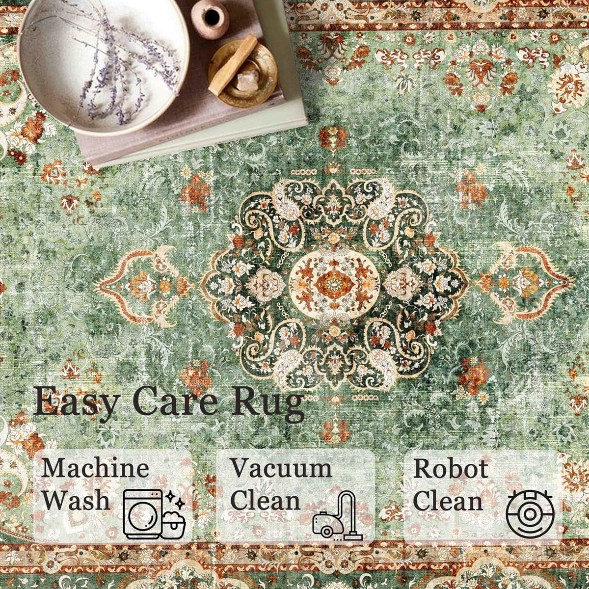 Green Round 6ft Washable Non Slip Rug B159