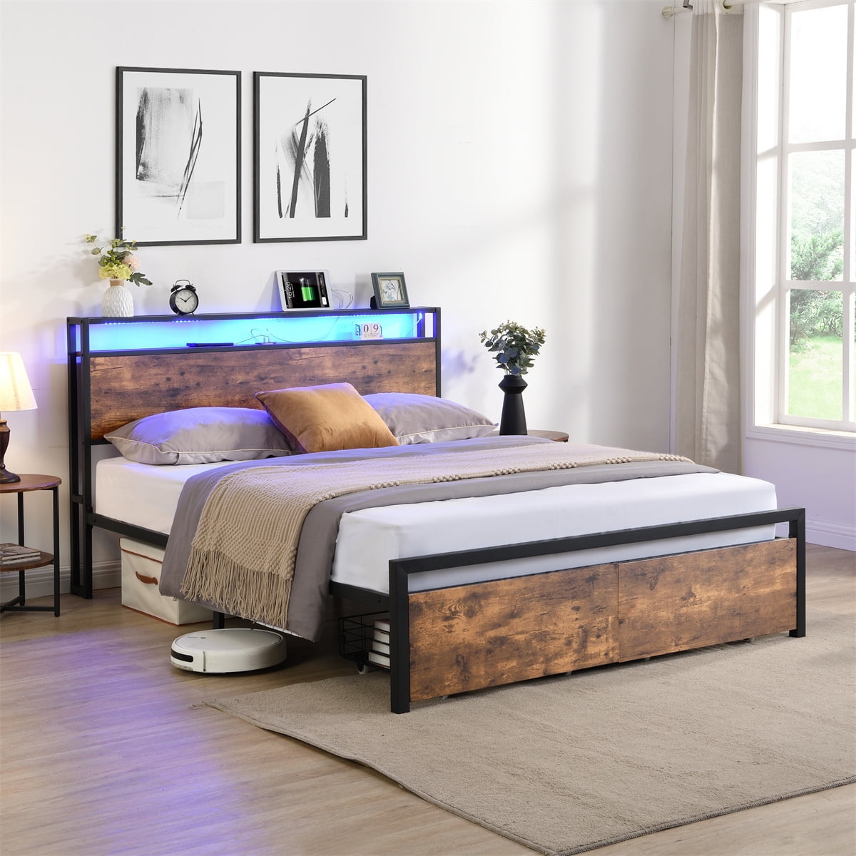 Queen Size Metal Bed Frame with Storage Headboard and 2 Drawers F837
