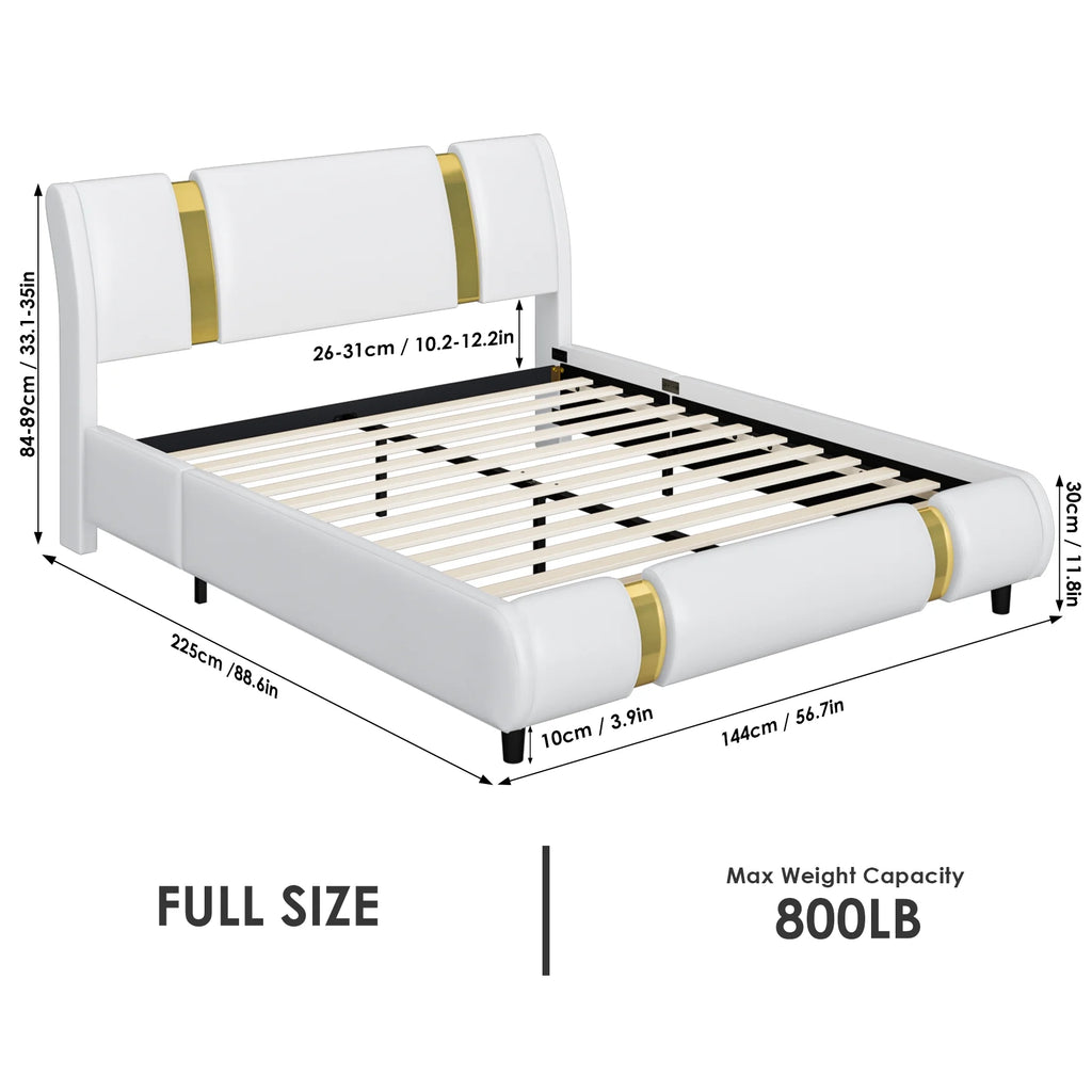 Full Size Leather Upholstered Platform Bed Frame with White Headboard S5649