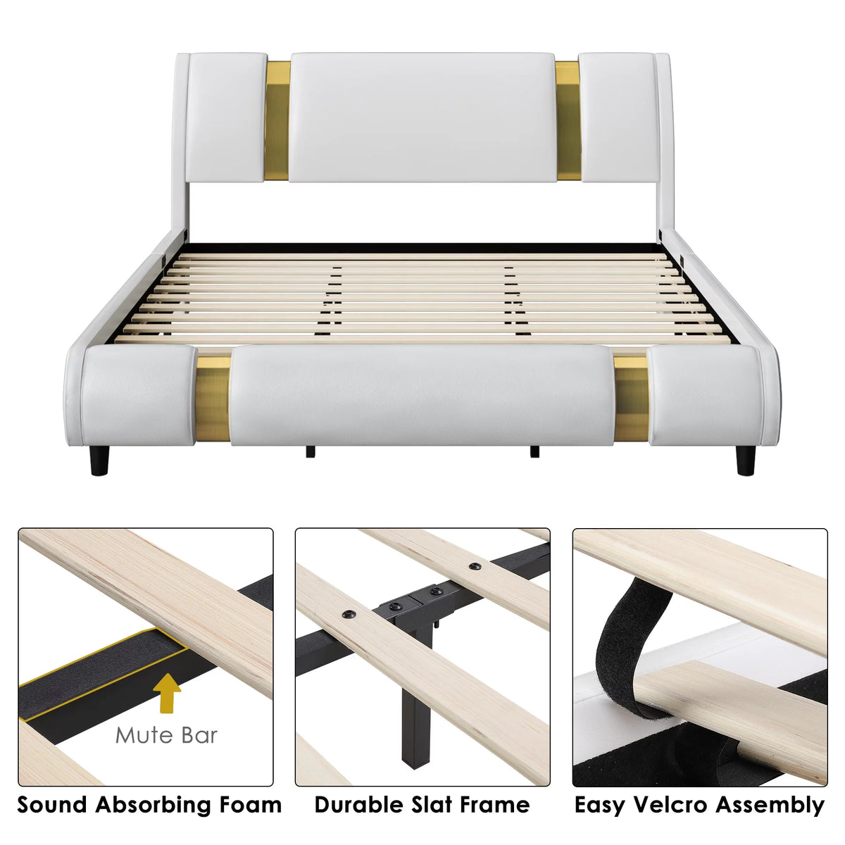 Full Size Leather Upholstered Platform Bed Frame with White Headboard S5649