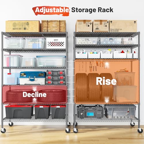 82" H X45 W X18 D 6 Tier Adjustable Metal Shelving with Wheels, Black R466
