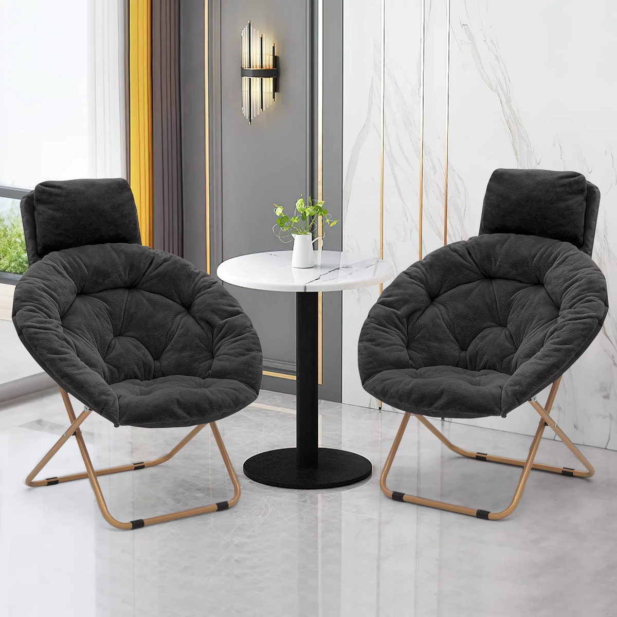 Black Faux Fur Folding Saucer Chairs with Pillow Z64138
