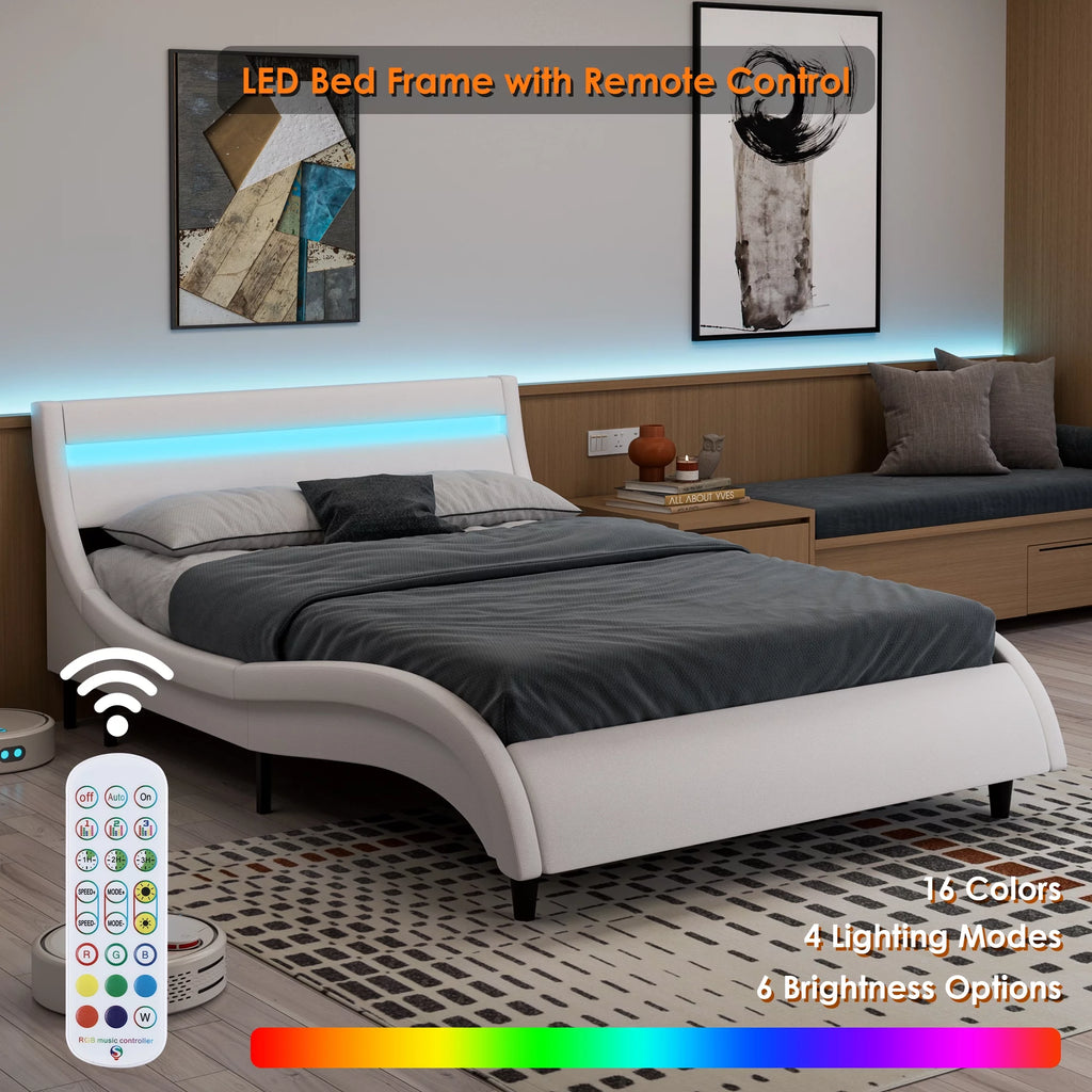 White Full Size Wooden Platform Bed Frame with Adjustable Upholstered Headboard A6257
