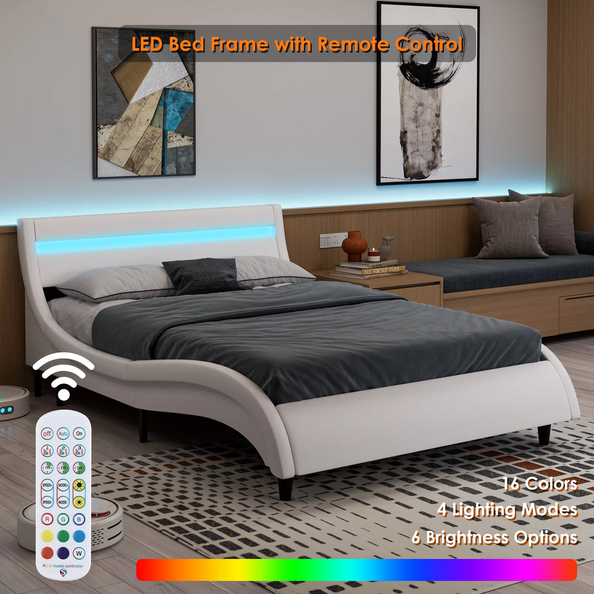 White Full Size Wooden Platform Bed Frame with Adjustable Upholstered Headboard A6257