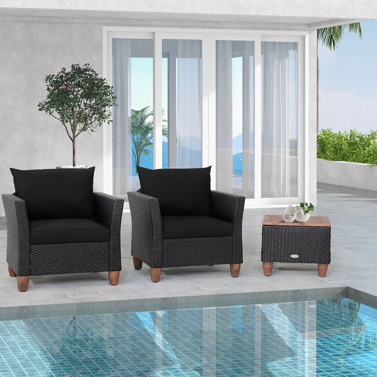 3 Pcs Patio Rattan Conversation Furniture Set with Black Cushions S80594