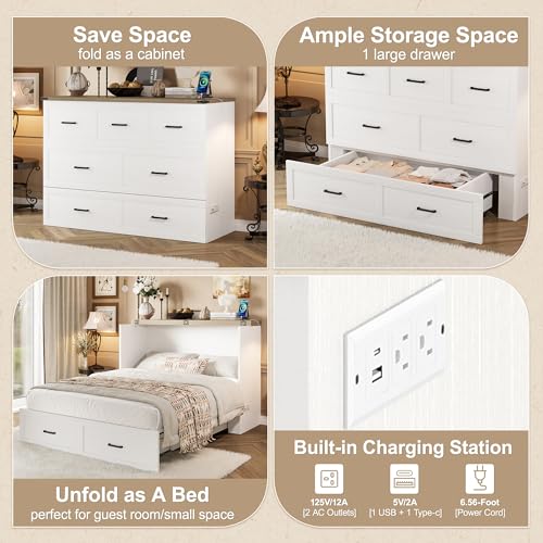 Queen Size White Foldable Murphy Bed with Charging Station T698